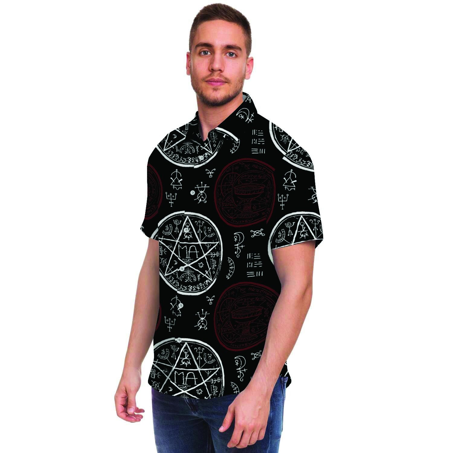 Magic Pentagram Gothic Witch Men Print Short Sleeve Button-Up Shirts