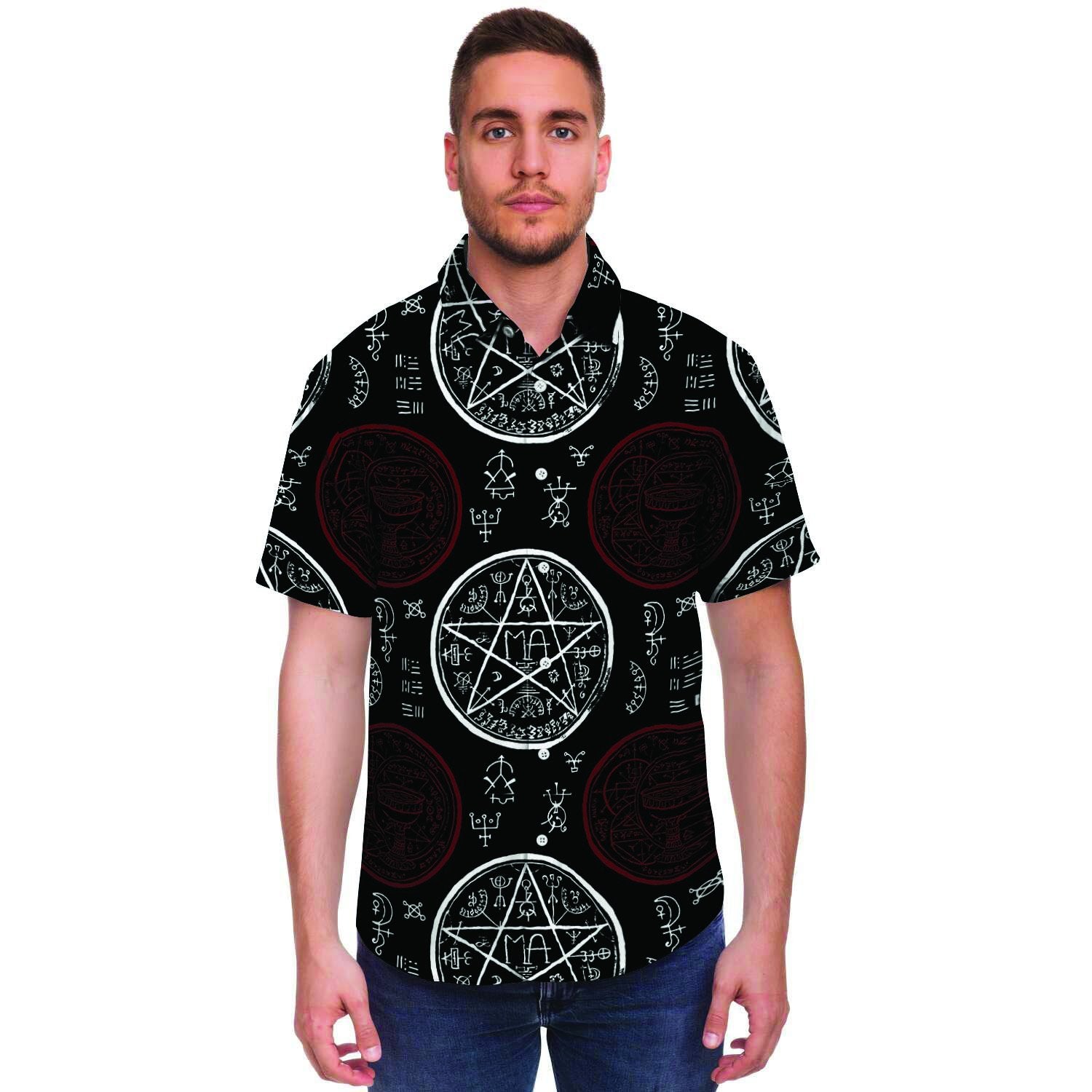 Magic Pentagram Gothic Witch Men Print Short Sleeve Button-Up Shirts