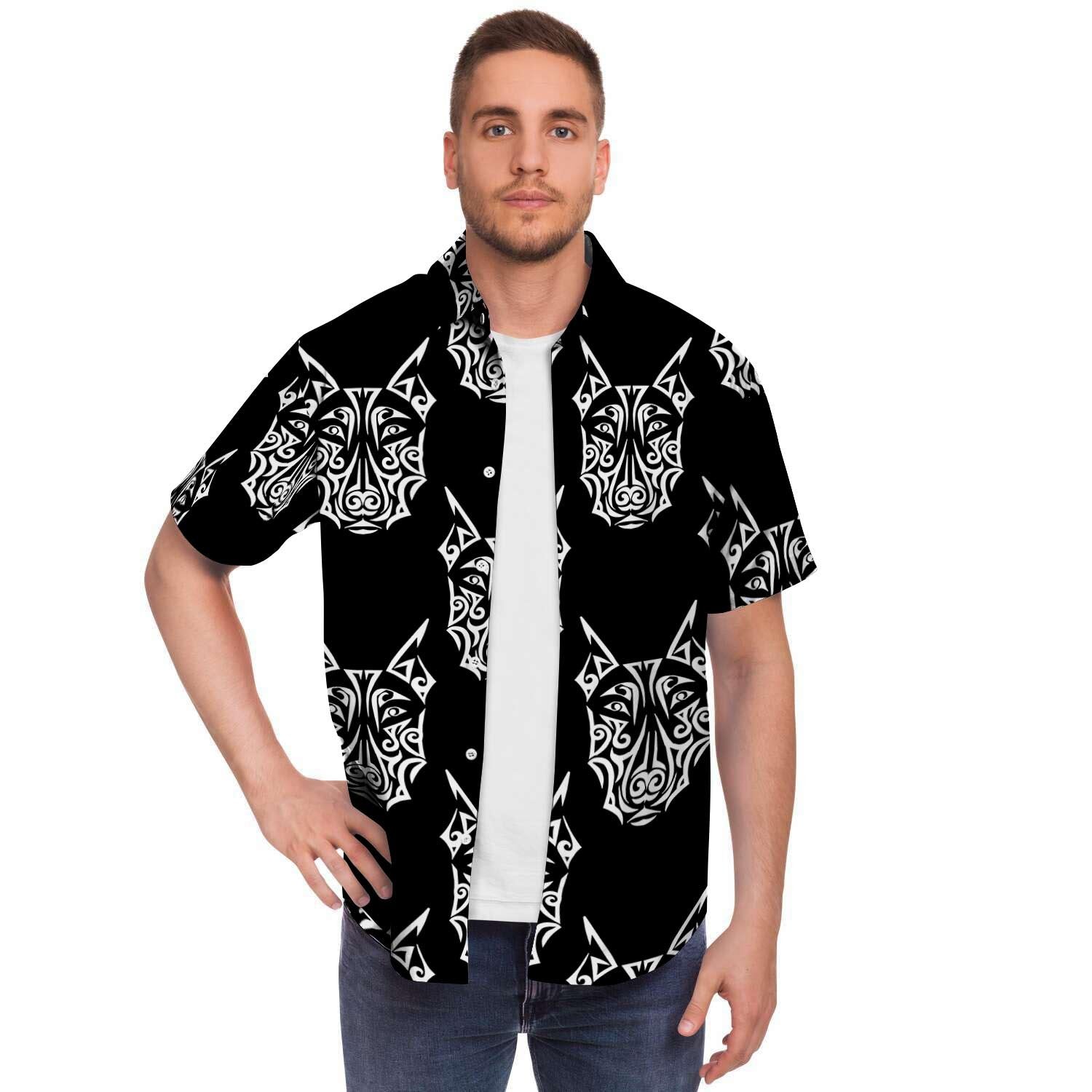 Maori Aztec Pitbull Men Print Short Sleeve Button-Up Shirts