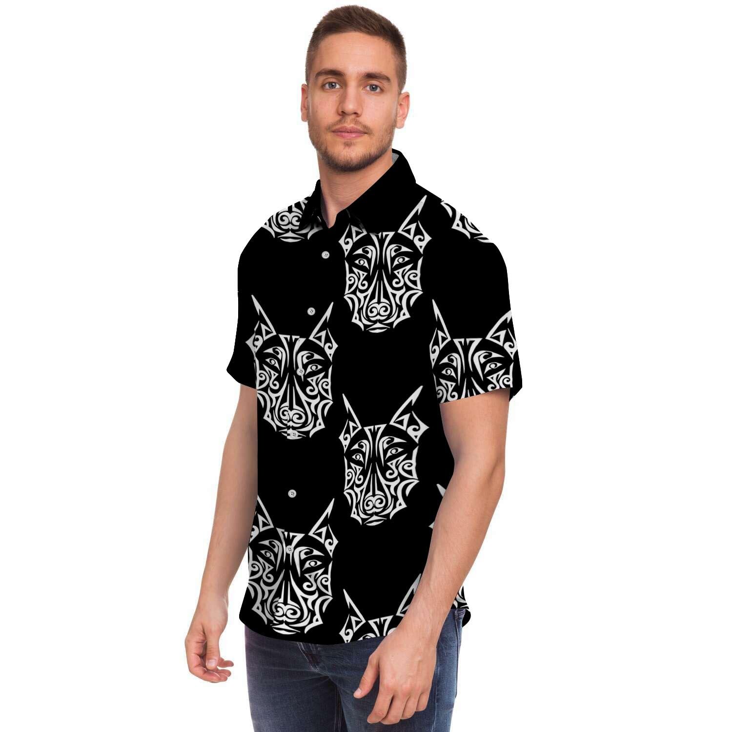 Maori Aztec Pitbull Men Print Short Sleeve Button-Up Shirts