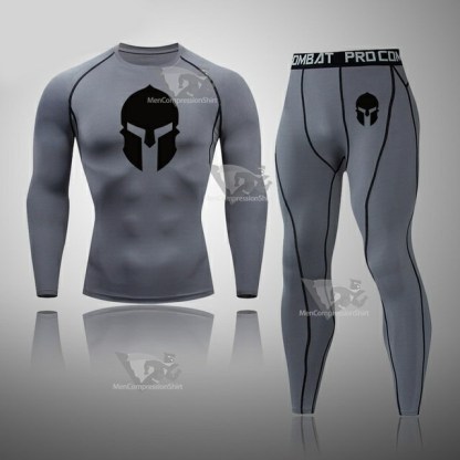 Mens Grey Rashguard Muscle-Fit Long Sleeve Compression Set