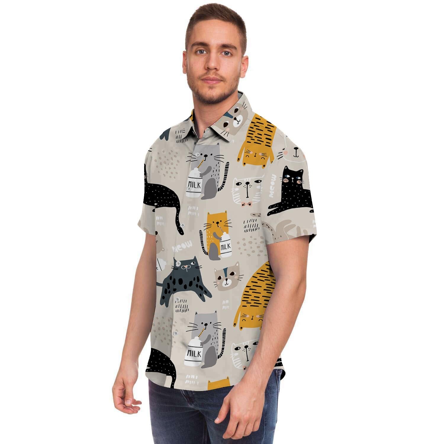 Meow Cat Print Men Print Short Sleeve Button-Up Shirts