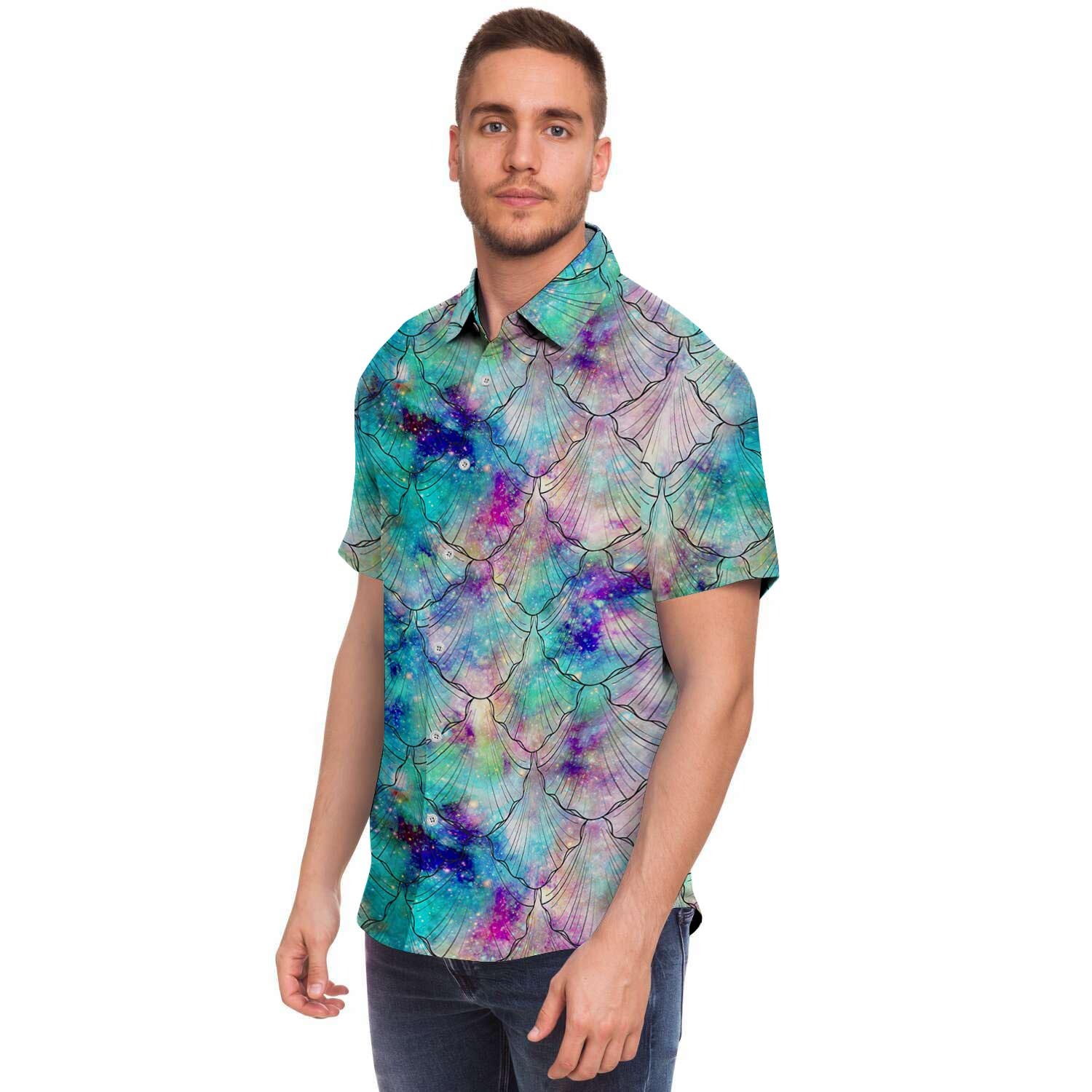 Mermaid Galaxy Print Men Print Short Sleeve Button-Up Shirts