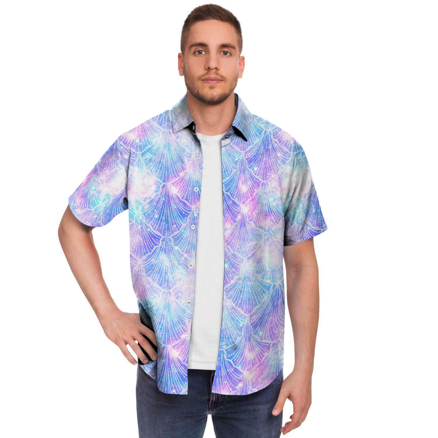 Mermaid Galaxy Space Men Print Short Sleeve Button-Up Shirts