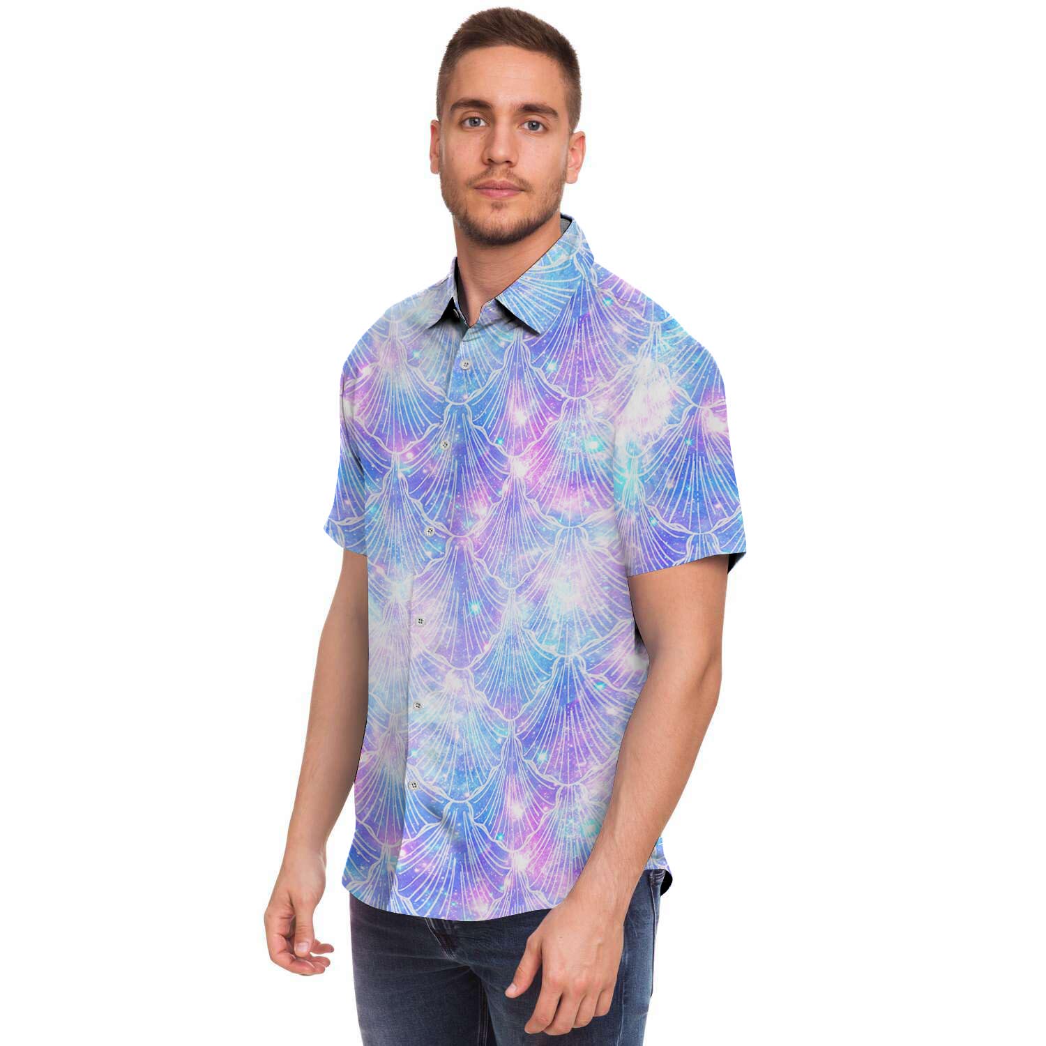 Mermaid Galaxy Space Men Print Short Sleeve Button-Up Shirts