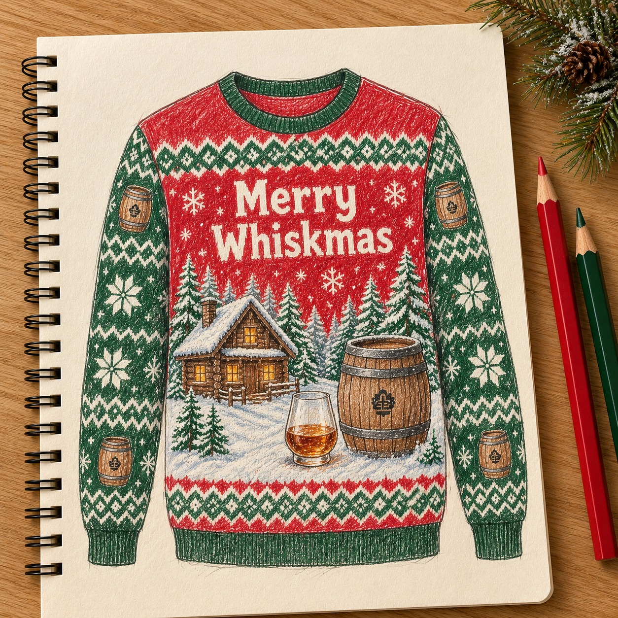 Illustrative customer idea: a red and green Merry Whiskmas sweatshirt sketched in colored pencil