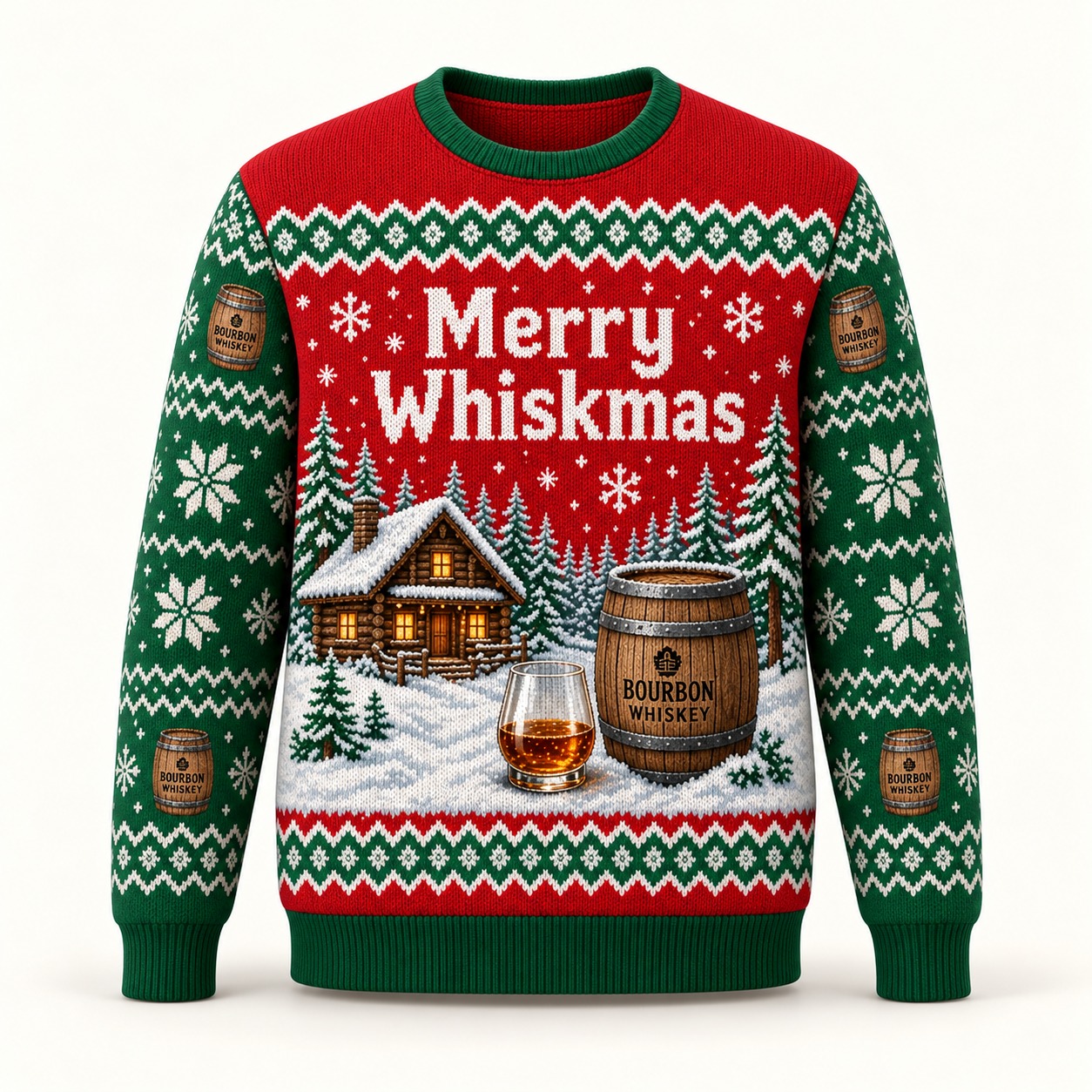 Illustrative design preview of the same Merry Whiskmas sweatshirt with a snowy cabin and bourbon barrel