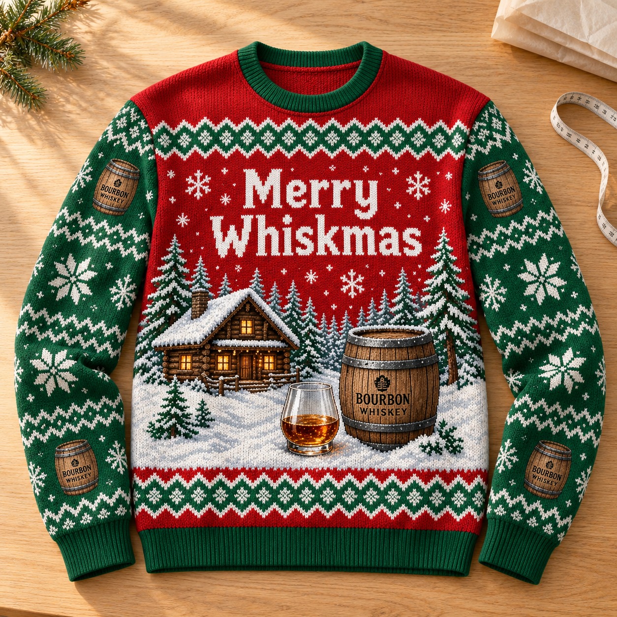 AI-generated finished-product example of the same Merry Whiskmas sweatshirt laid on a studio worktable