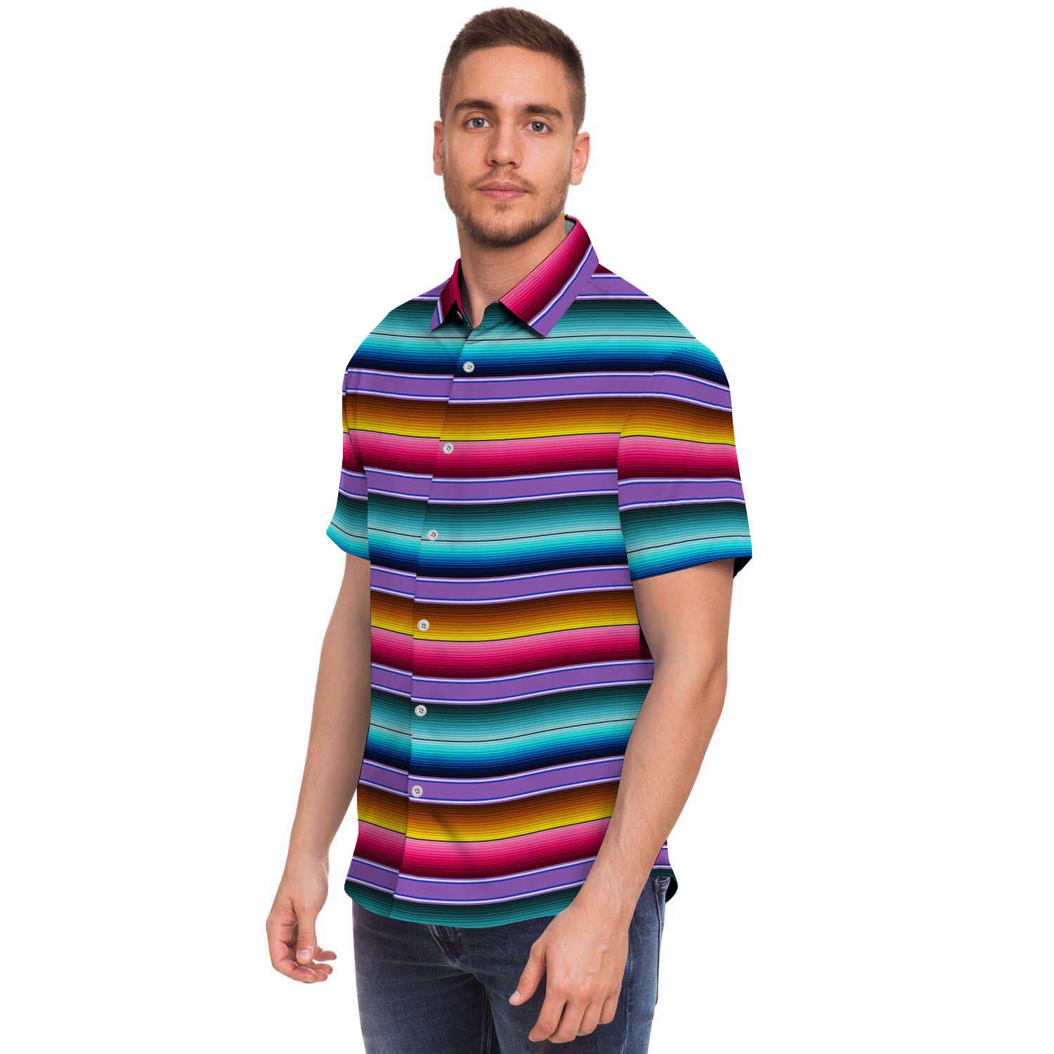 Mexican Baja Serape Men Print Short Sleeve Button-Up Shirts