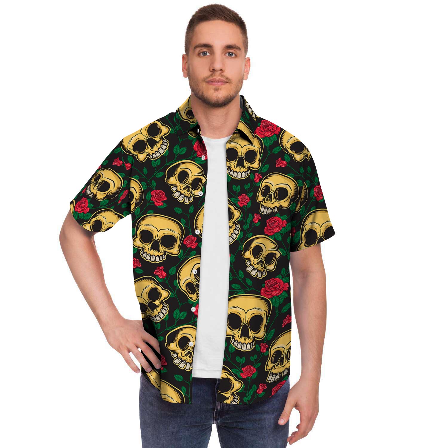 Mexican Rose Skull Men Print Short Sleeve Button-Up Shirts
