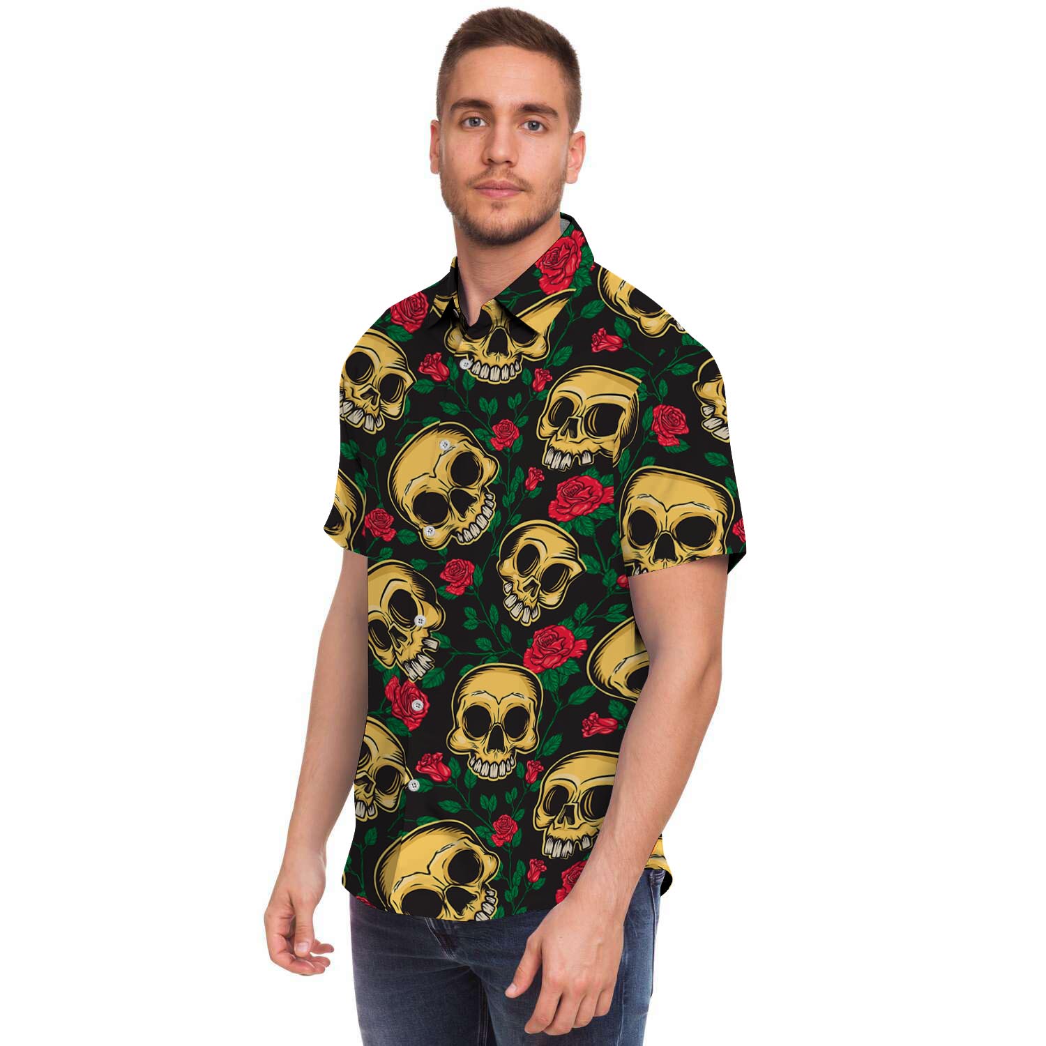 Mexican Rose Skull Men Print Short Sleeve Button-Up Shirts