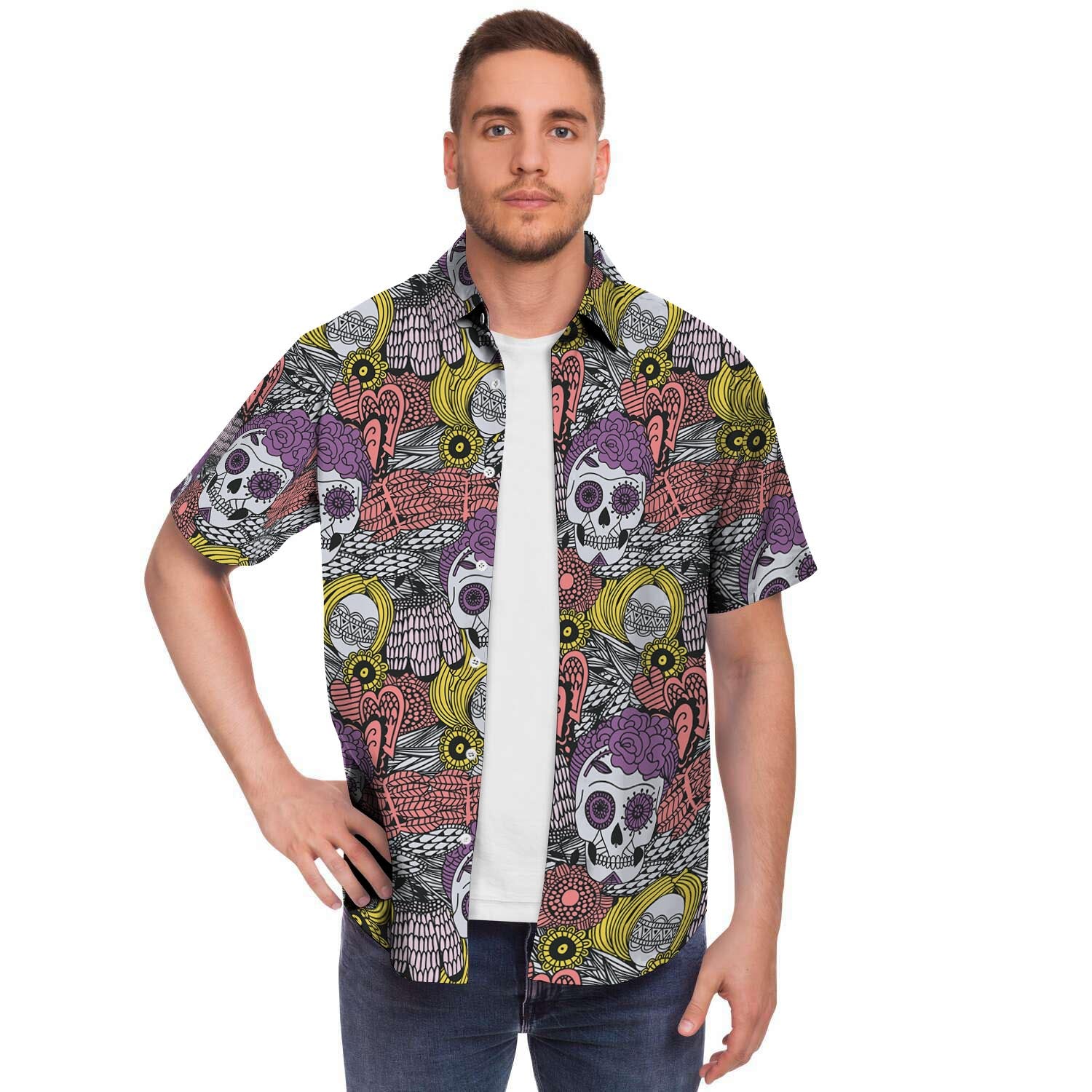 Mexican Skull Men Print Short Sleeve Button-Up Shirts