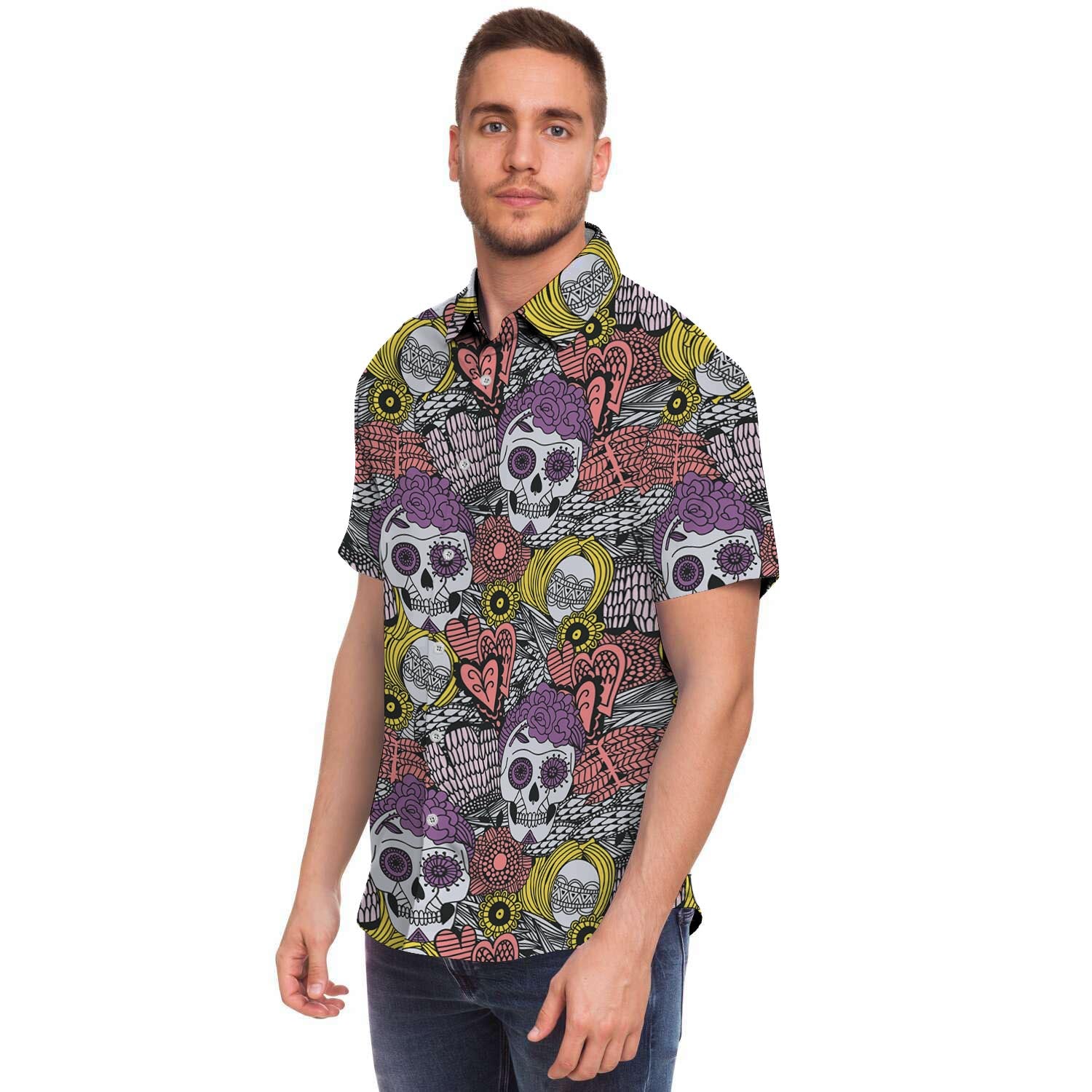 Mexican Skull Men Print Short Sleeve Button-Up Shirts