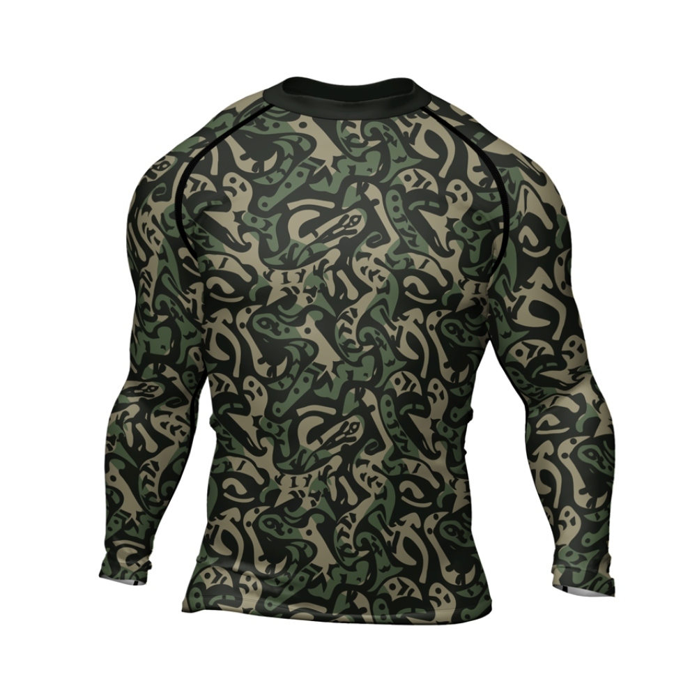 Military Abstract Camouflage Green Mens Long Sleeve Compression Shirt