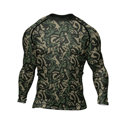 Military Abstract Camouflage Green Mens Long Sleeve Compression Shirt