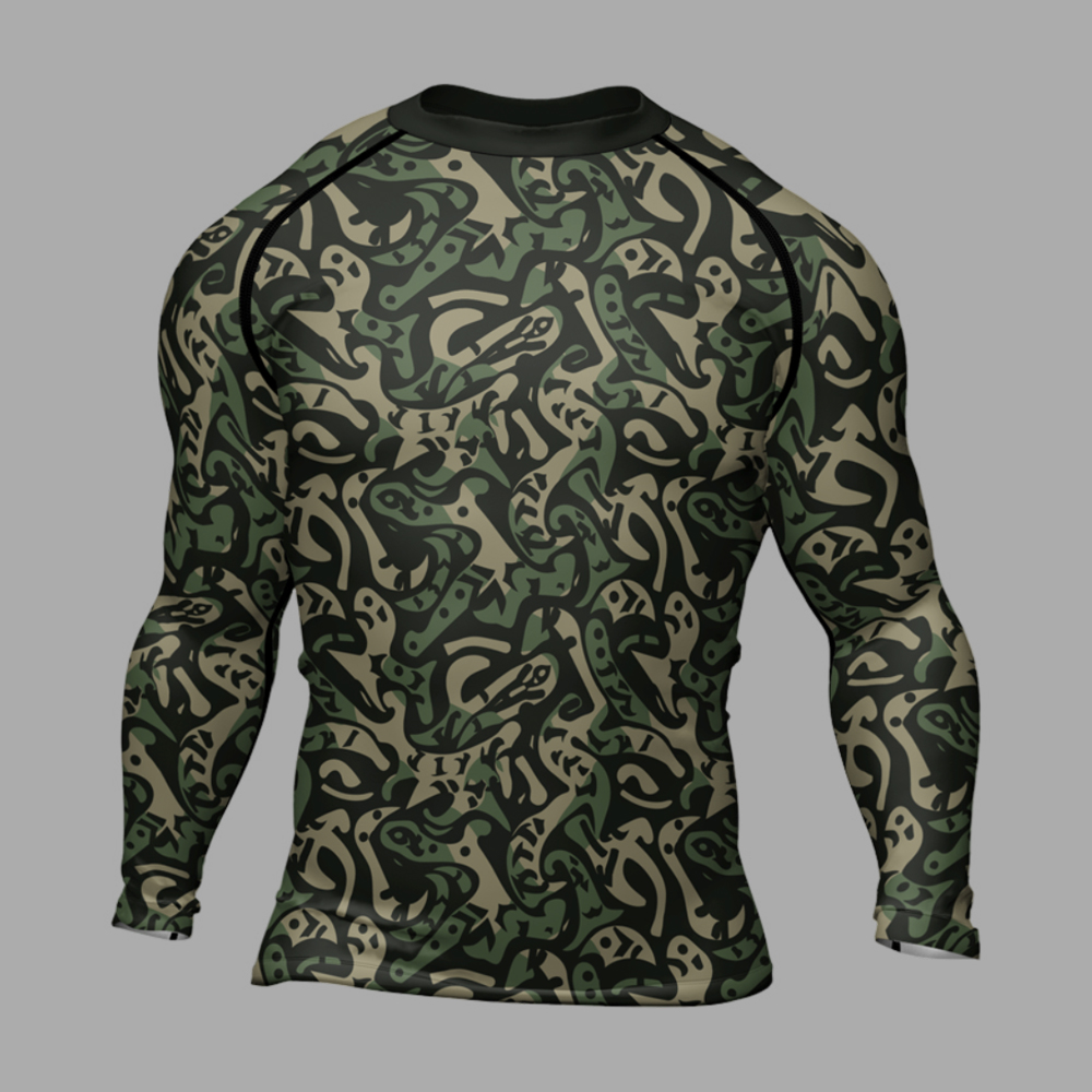 Military Abstract Camouflage Green Mens Long Sleeve Compression Shirt