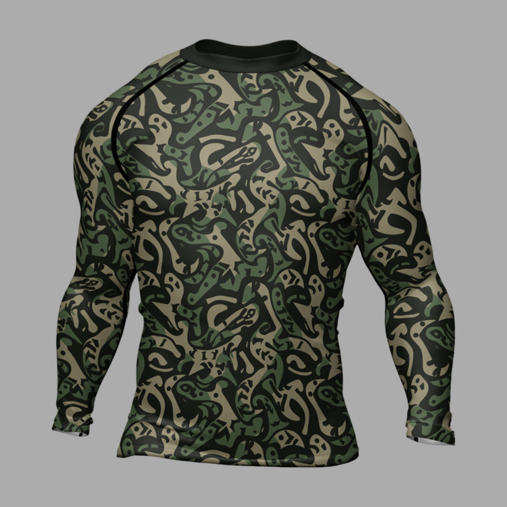 Military Abstract Camouflage Green Mens Long Sleeve Compression Shirt