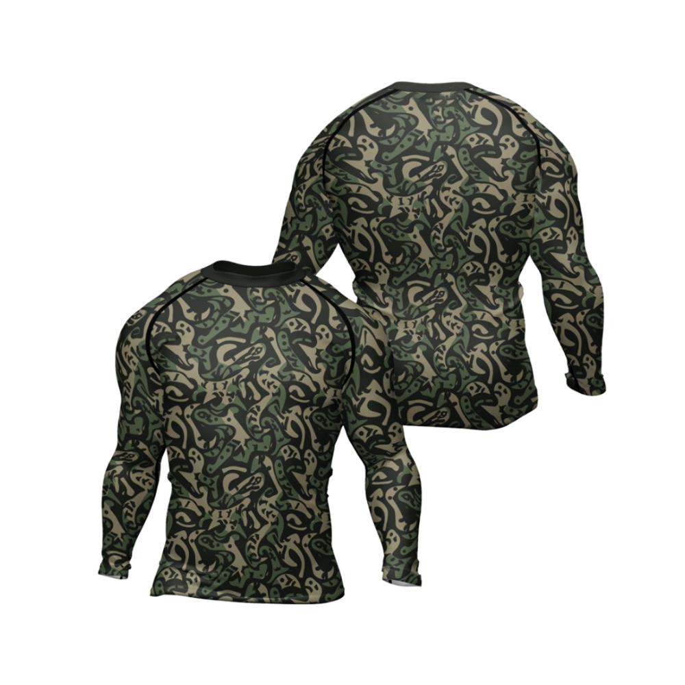 Military Abstract Camouflage Green Mens Long Sleeve Compression Shirt