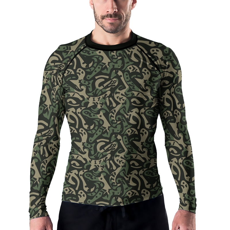 Military Abstract Camouflage Green Mens Long Sleeve Compression Shirt