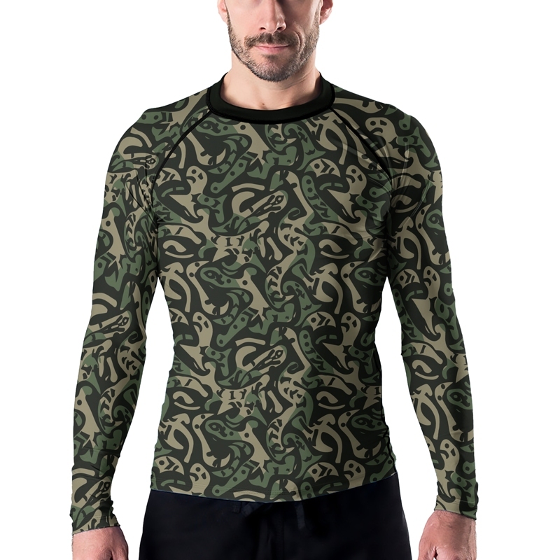 Military Abstract Camouflage Green Mens Long Sleeve Compression Shirt