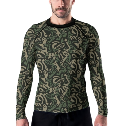Military Abstract Camouflage Green Mens Long Sleeve Compression Shirt