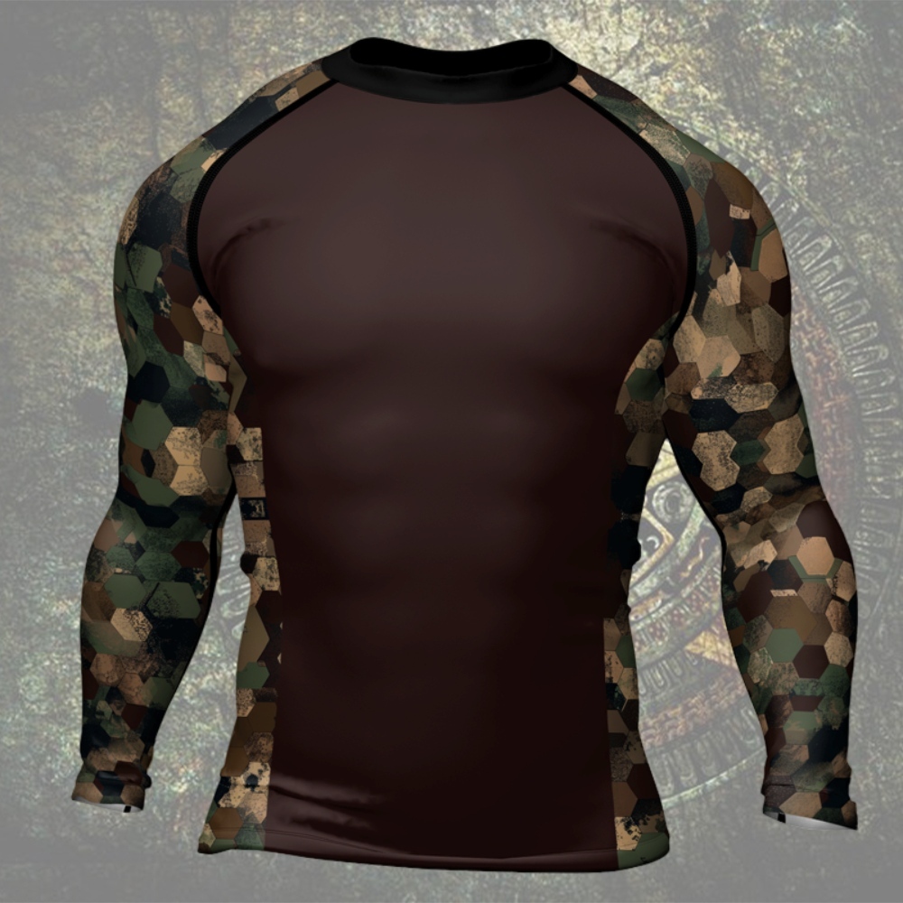 Military Hexagon Camouflage Mens Long Sleeve Compression Shirt
