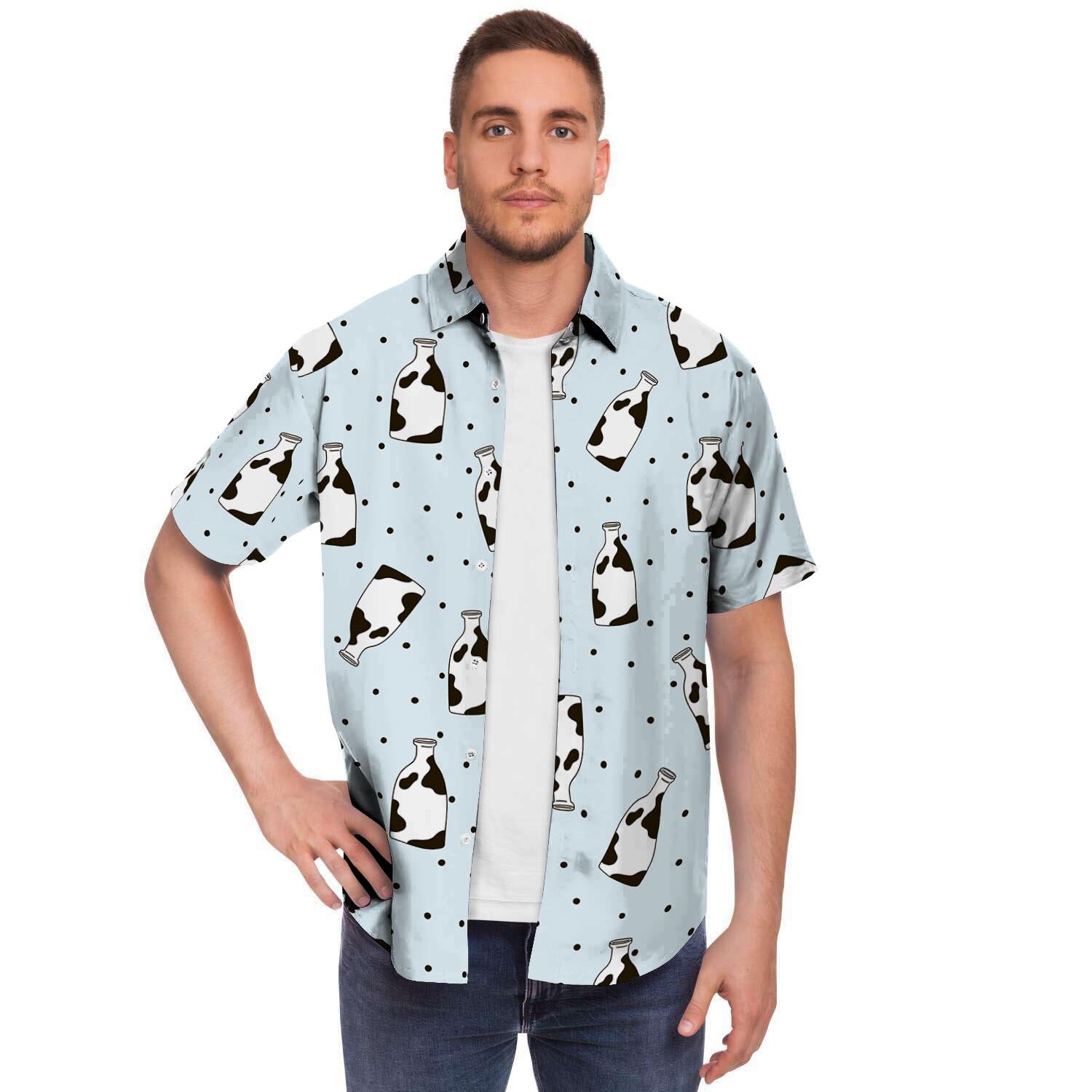 Milk Print Men Print Short Sleeve Button-Up Shirts