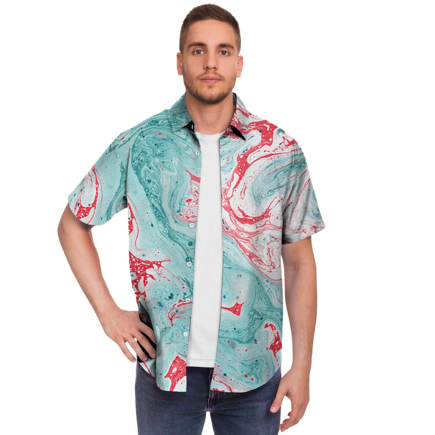 Mixed Red And Turquoise Marble Men Print Short Sleeve Button-Up Shirts