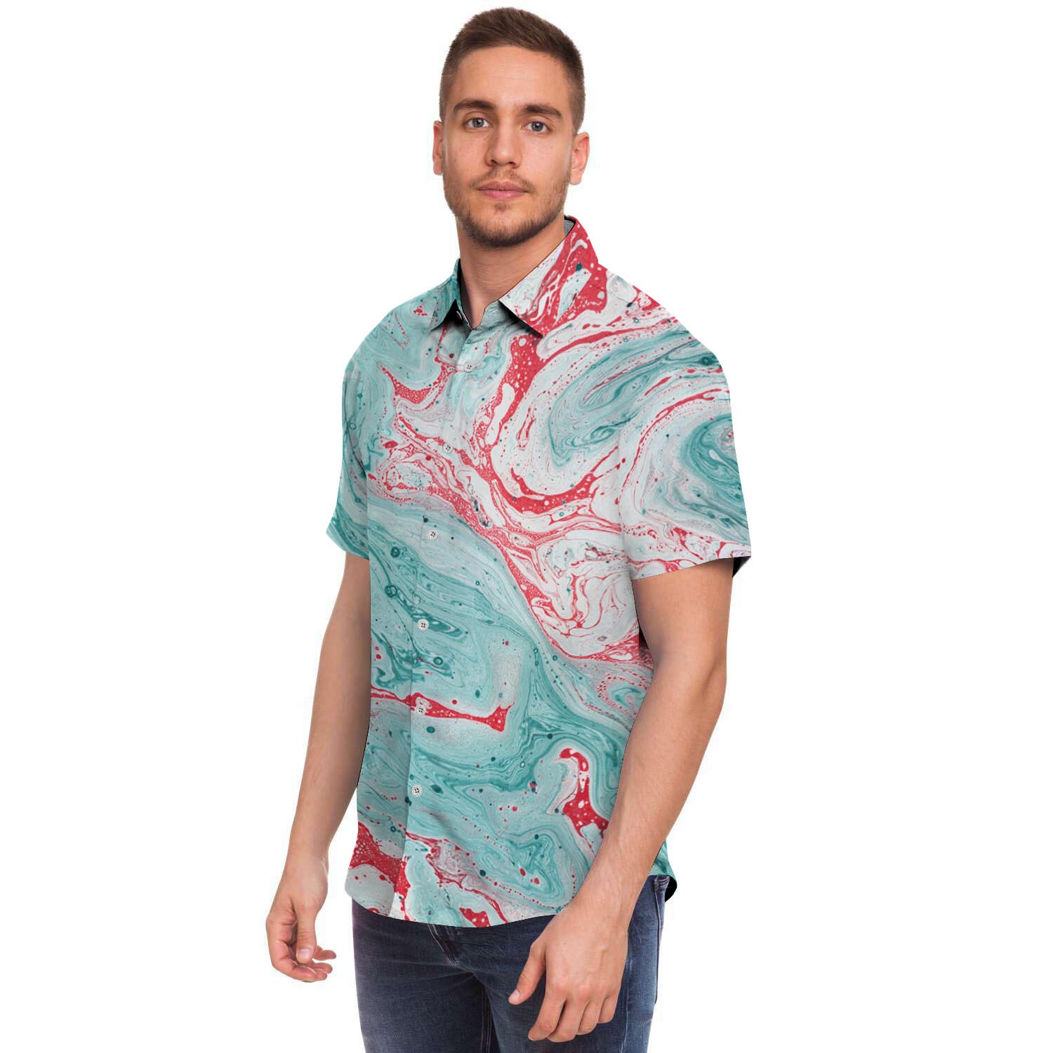 Mixed Red And Turquoise Marble Men Print Short Sleeve Button-Up Shirts
