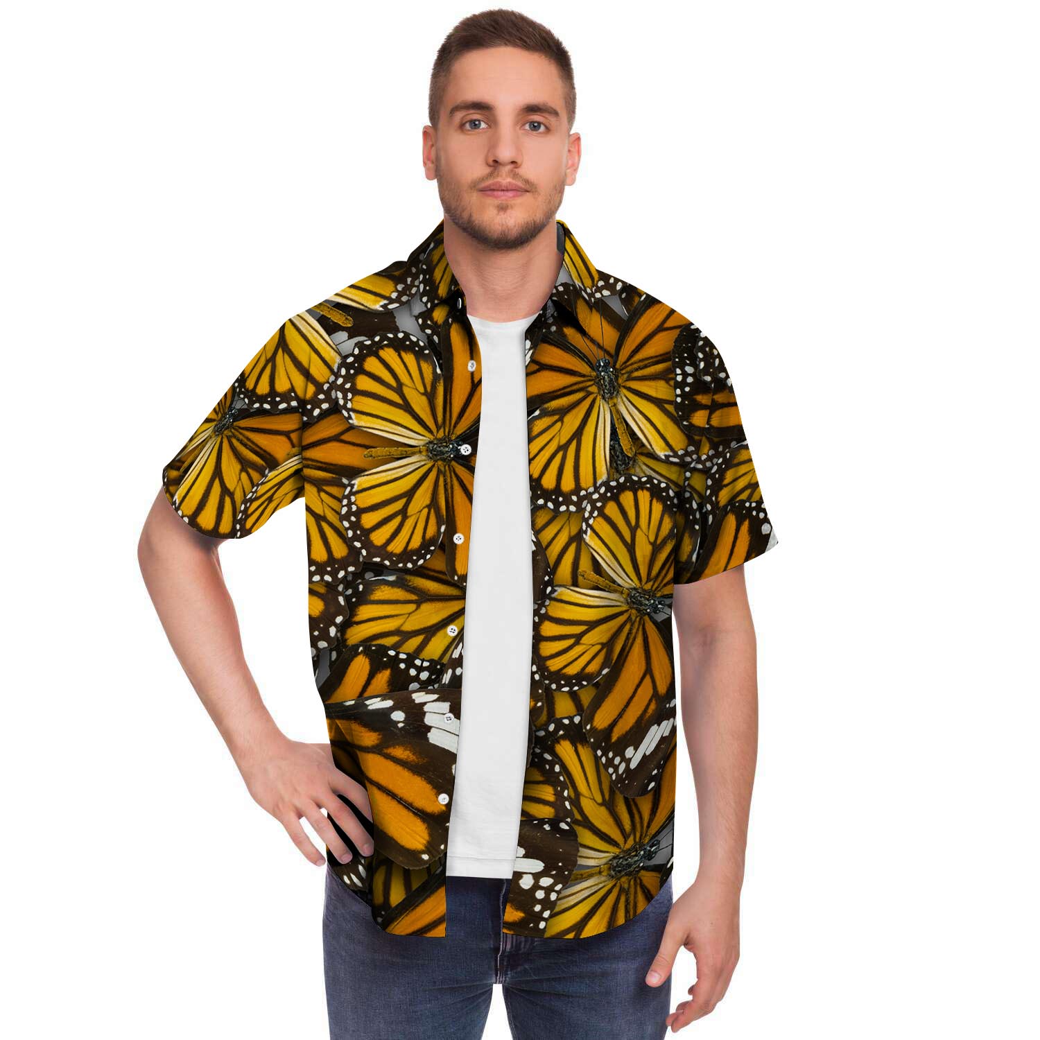 Monarch Butterfly Pattern Print Men Print Short Sleeve Button-Up Shirts