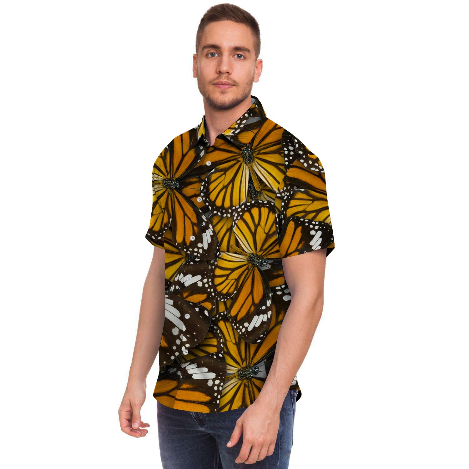 Monarch Butterfly Pattern Print Men Print Short Sleeve Button-Up Shirts