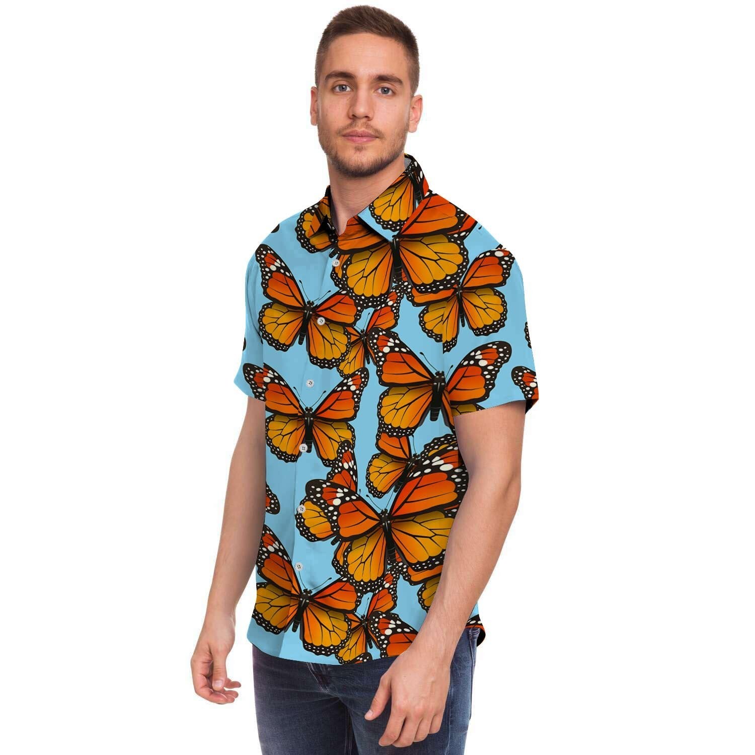 Monarch Butterfly Print Men Print Short Sleeve Button-Up Shirts