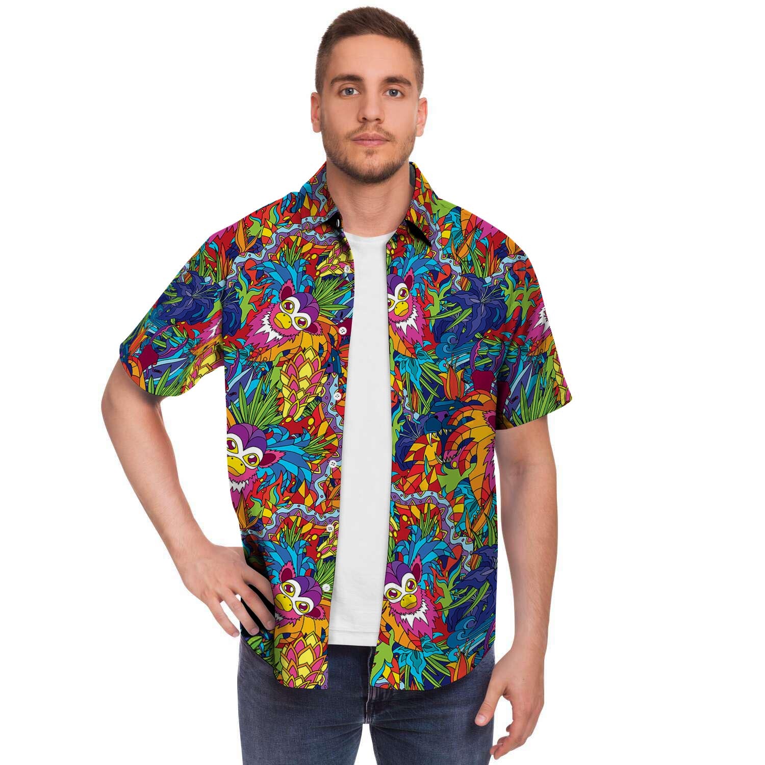 Monkey Trippy Psychedelic Men Print Short Sleeve Button-Up Shirts