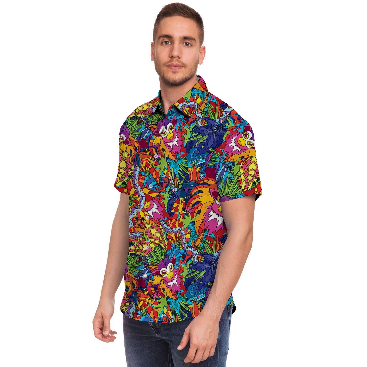 Monkey Trippy Psychedelic Men Print Short Sleeve Button-Up Shirts
