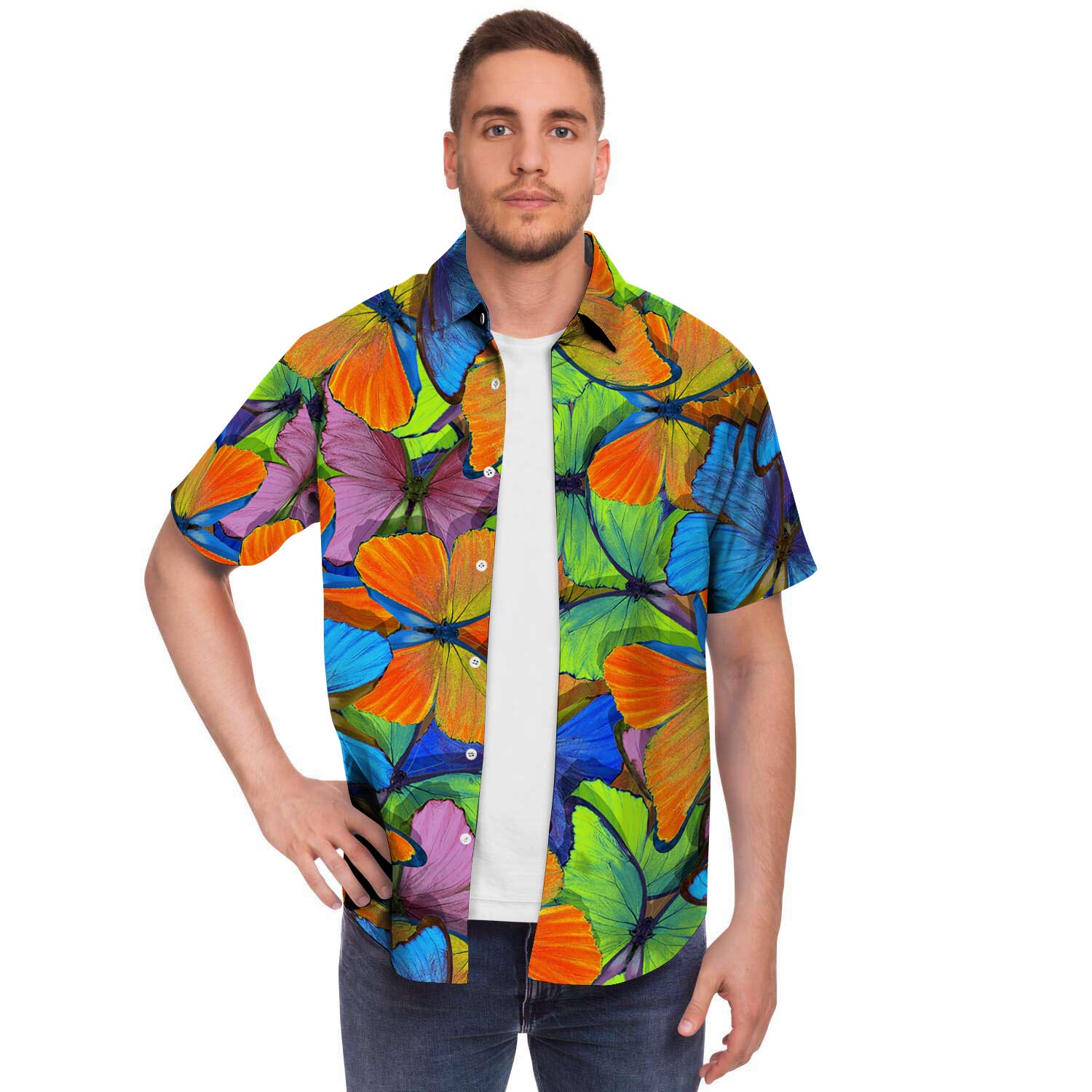 Multicolor Butterfly Print Men Print Short Sleeve Button-Up Shirts