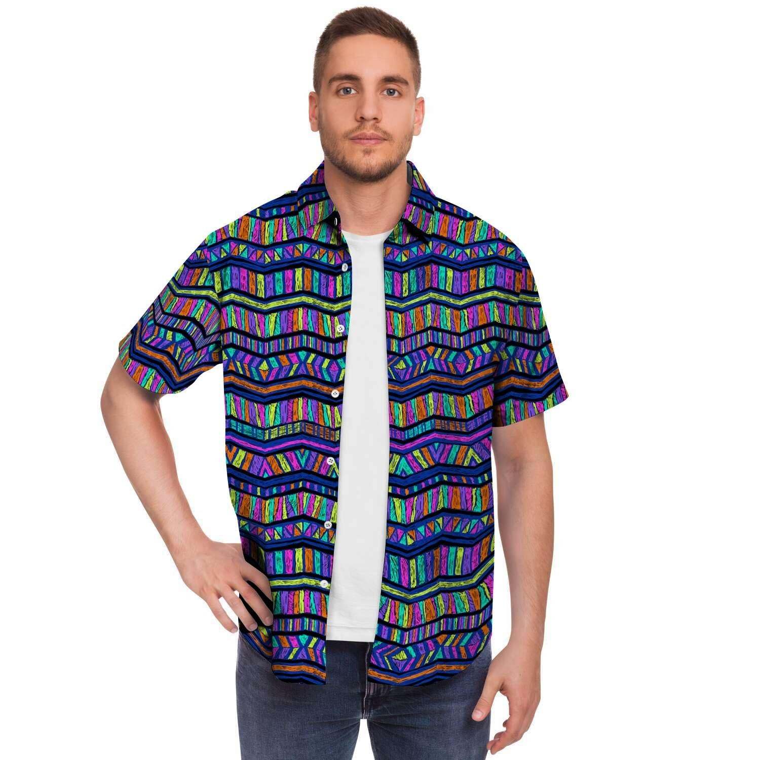 Multicolor Indian Aztec Doodle Elements Abstract Short Sleeve Button-Up Shirts
