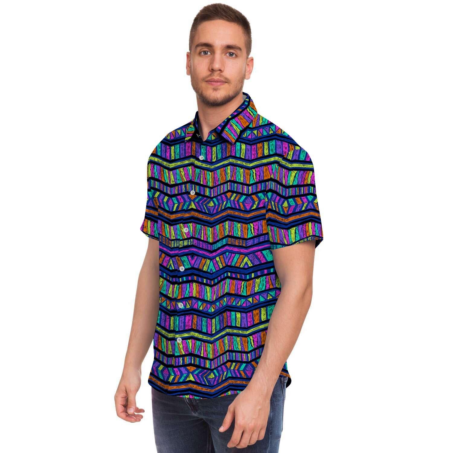 Multicolor Indian Aztec Doodle Elements Abstract Short Sleeve Button-Up Shirts
