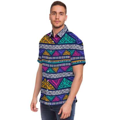 Multicolor Native Aztec Abstract Doodle Men Print Short Sleeve Button-Up Shirts