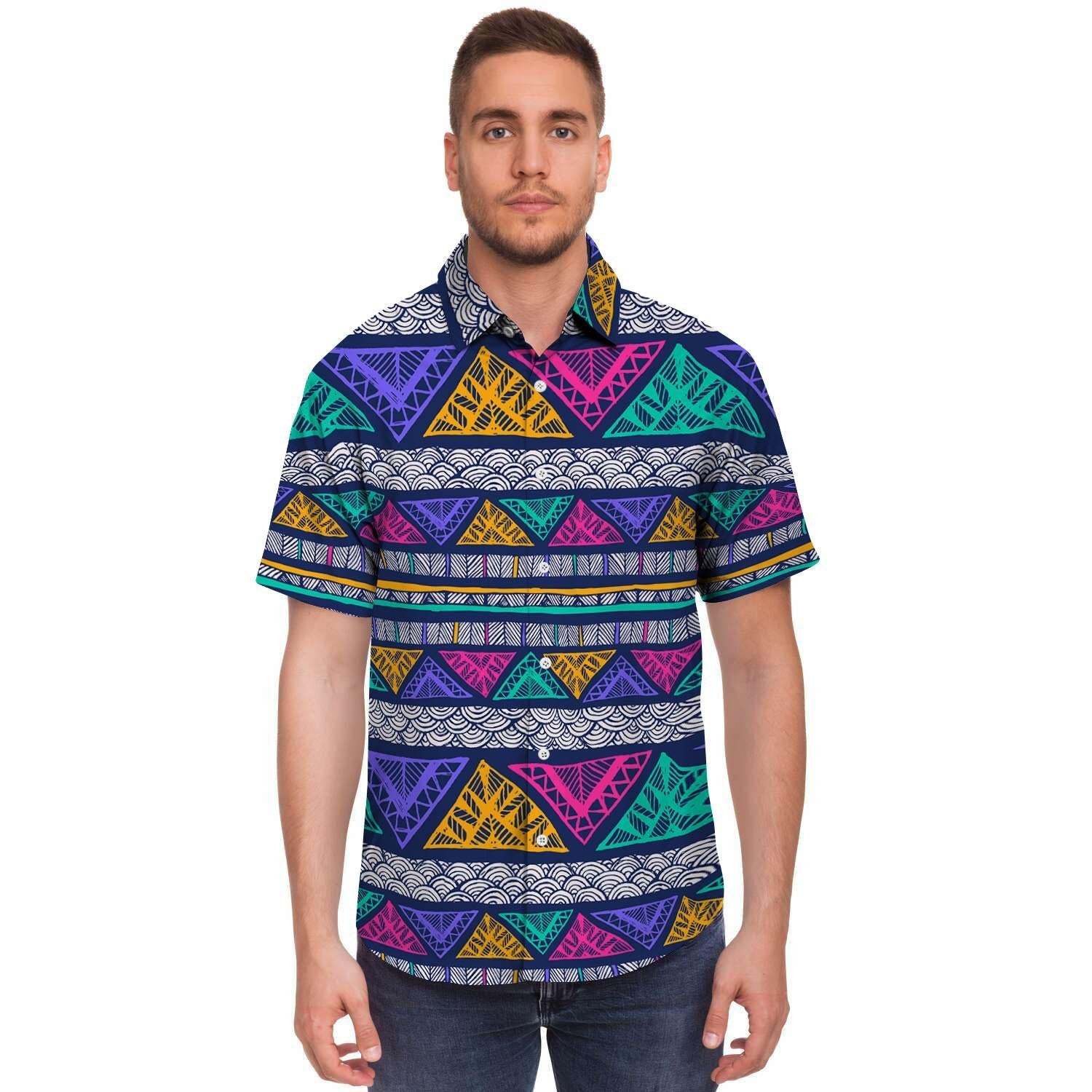 Multicolor Native Aztec Abstract Doodle Men Print Short Sleeve Button-Up Shirts