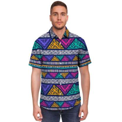 Multicolor Native Aztec Abstract Doodle Men Print Short Sleeve Button-Up Shirts