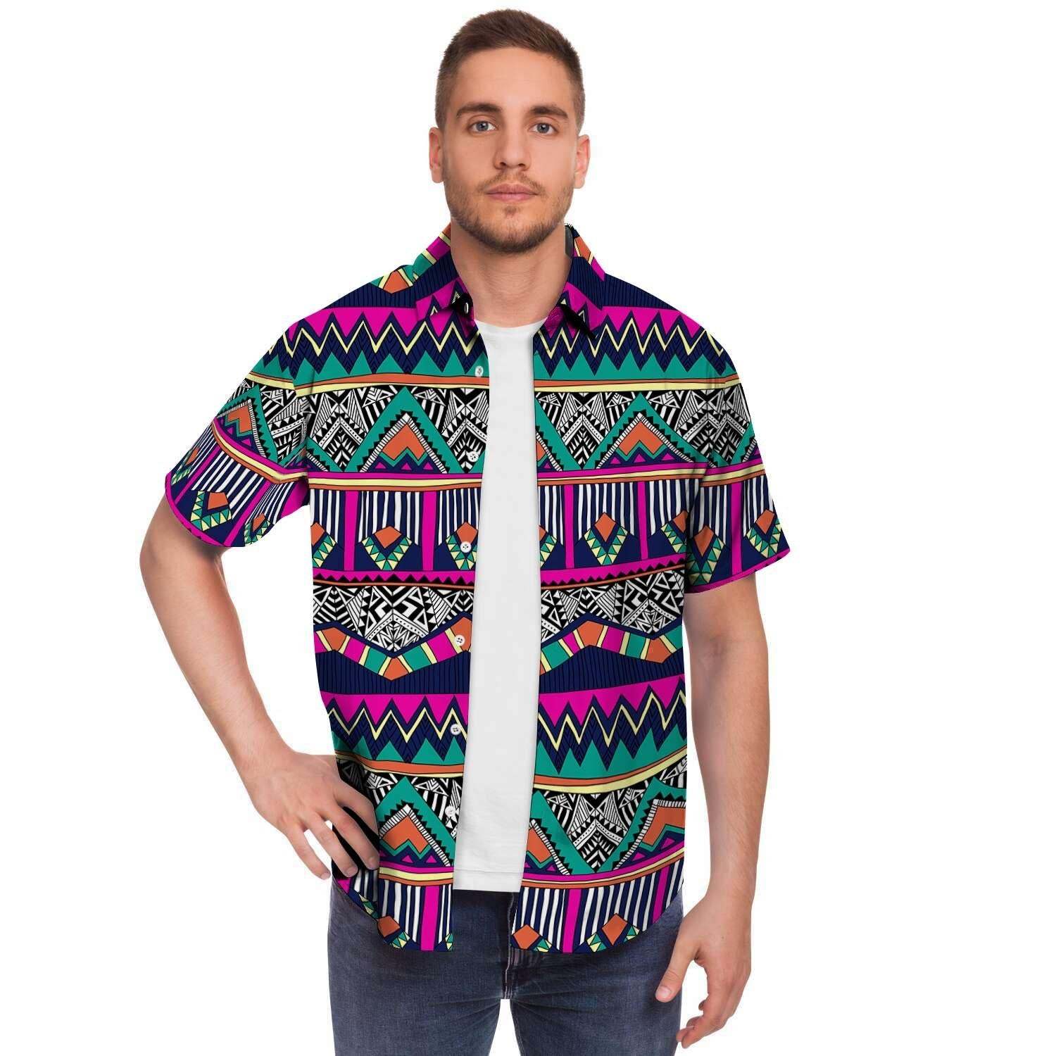 Multicolor Native Aztec Doodle Abstract Men Print Short Sleeve Button-Up Shirts