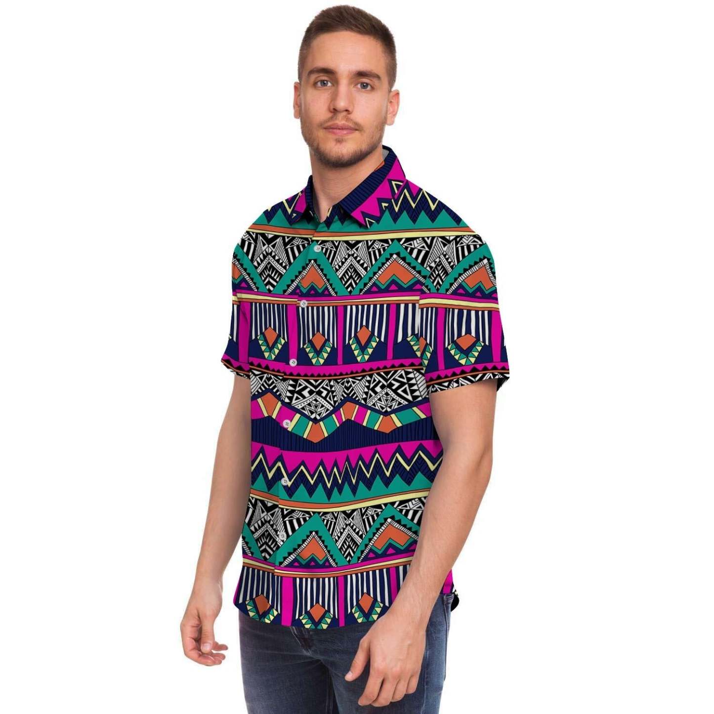 Multicolor Native Aztec Doodle Abstract Men Print Short Sleeve Button-Up Shirts