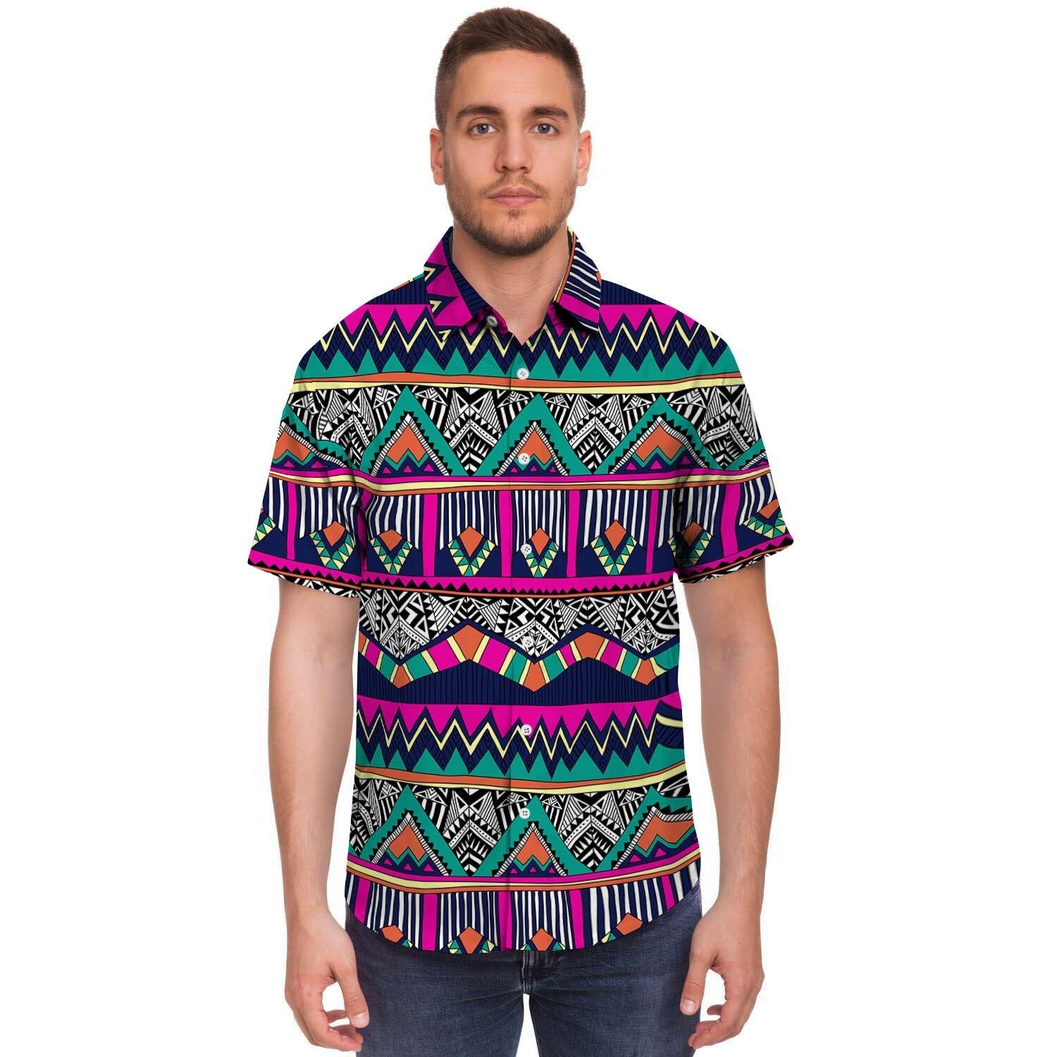 Multicolor Native Aztec Doodle Abstract Men Print Short Sleeve Button-Up Shirts