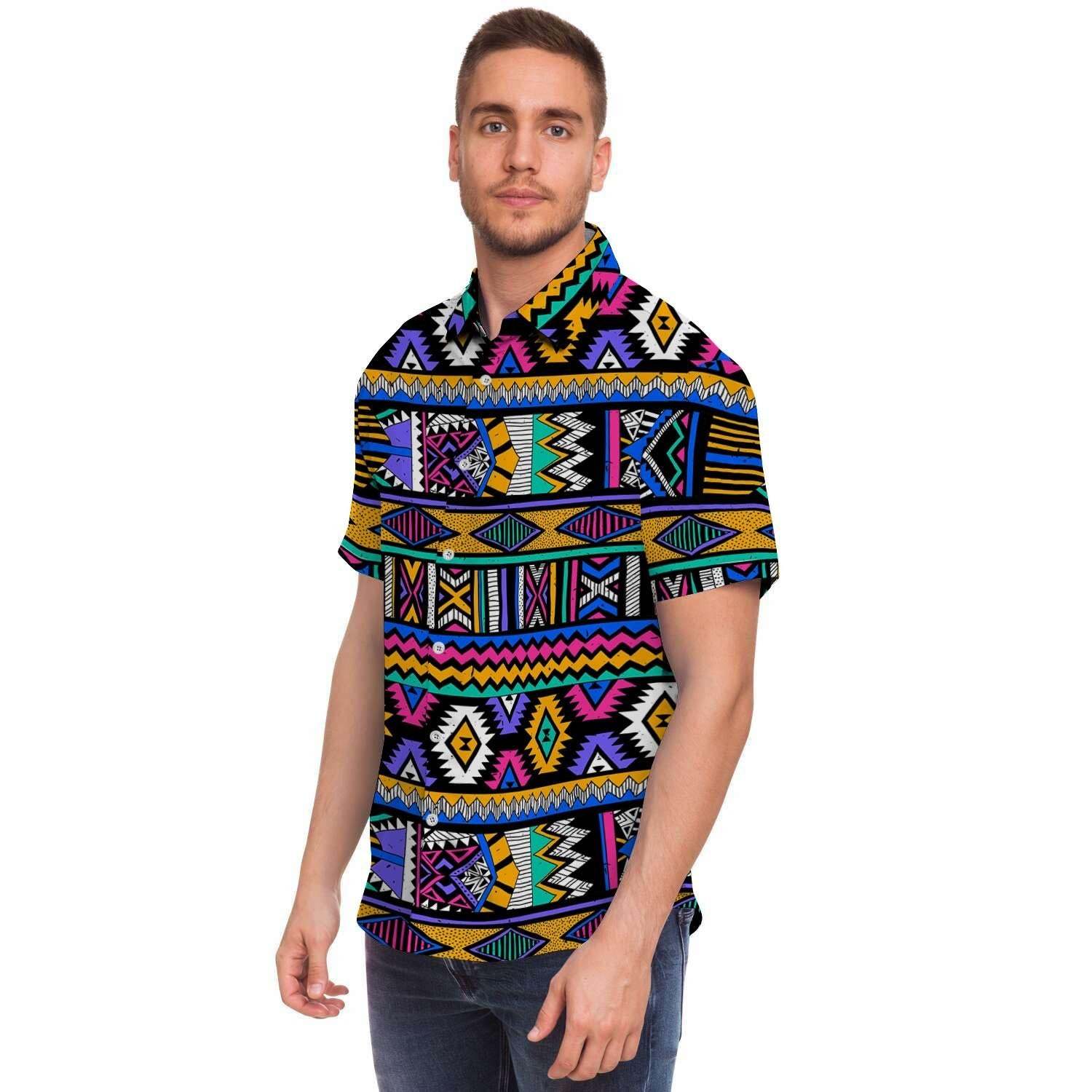 Multicolor Native Aztec Doodle Element Men Print Short Sleeve Button-Up Shirts