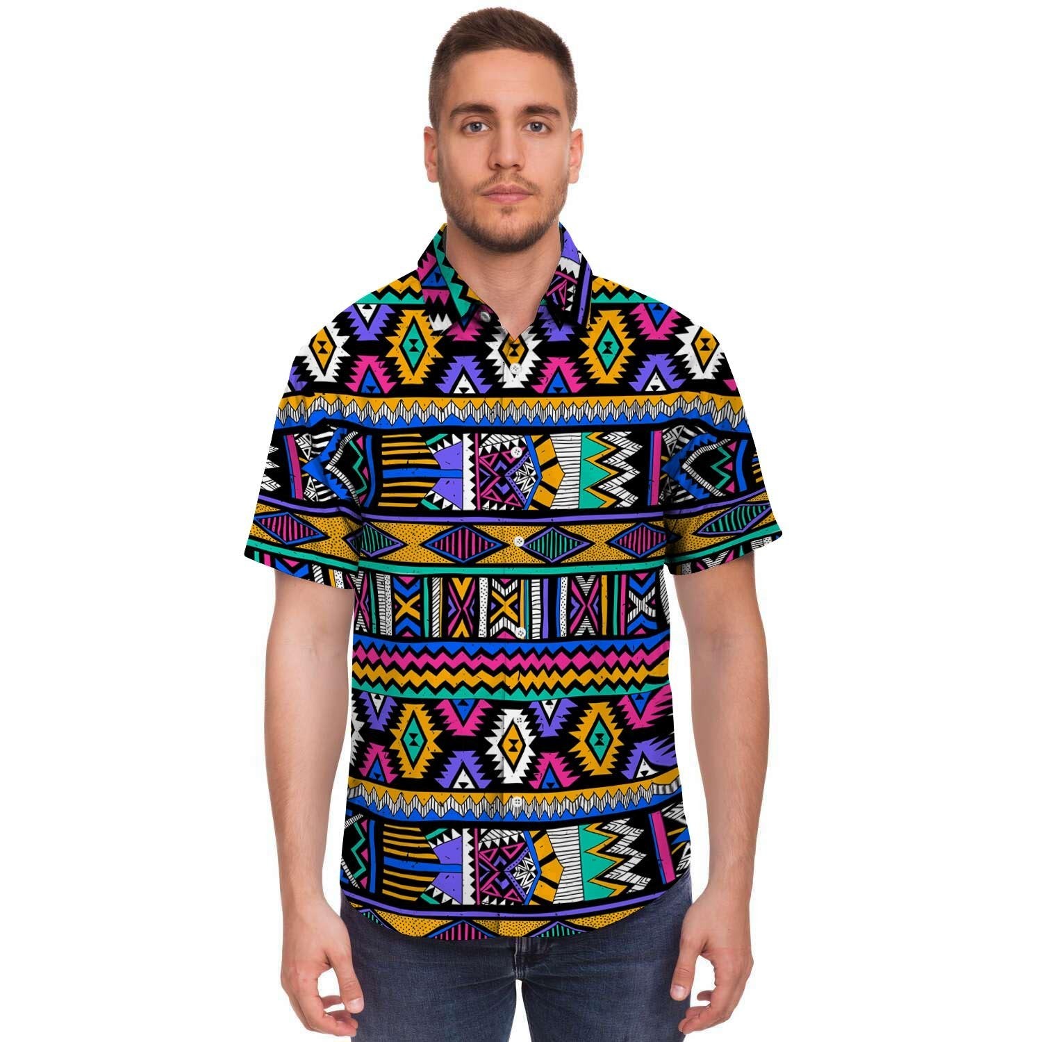 Multicolor Native Aztec Doodle Element Men Print Short Sleeve Button-Up Shirts