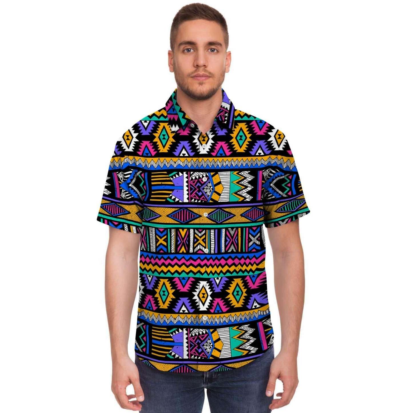 Multicolor Native Aztec Doodle Element Men Print Short Sleeve Button-Up Shirts