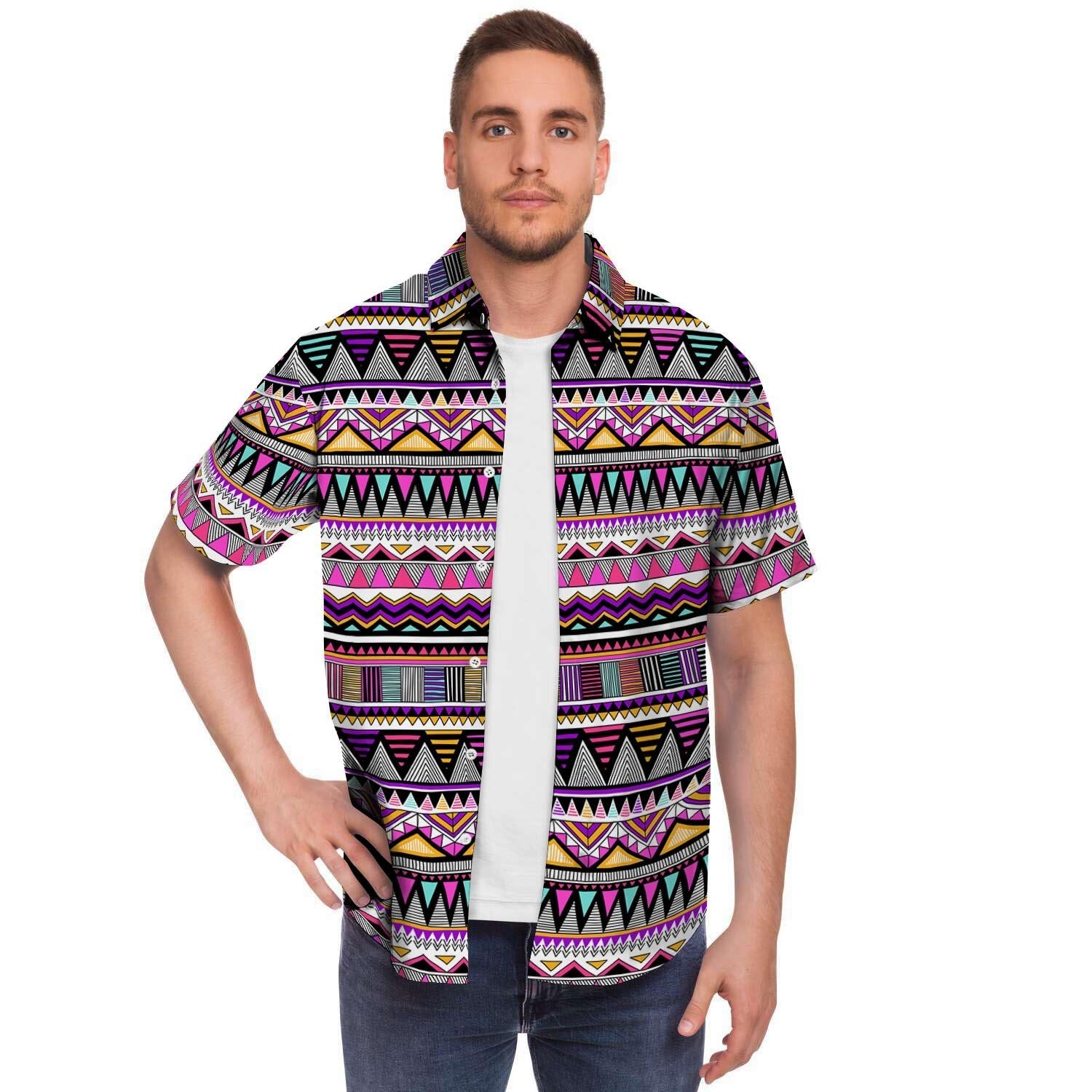 Native Aztec Men Print Short Sleeve Button-Up Shirts