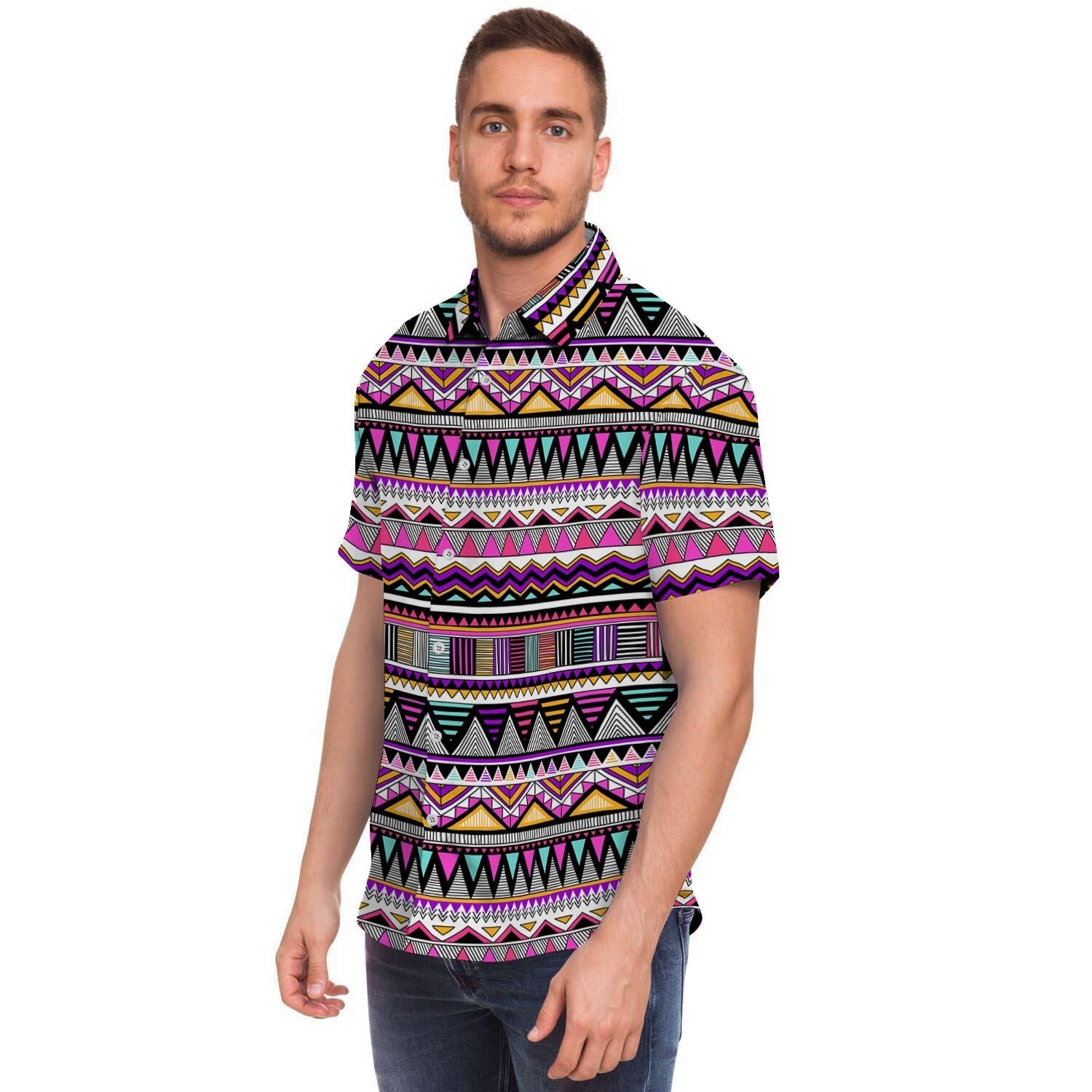 Native Aztec Men Print Short Sleeve Button-Up Shirts