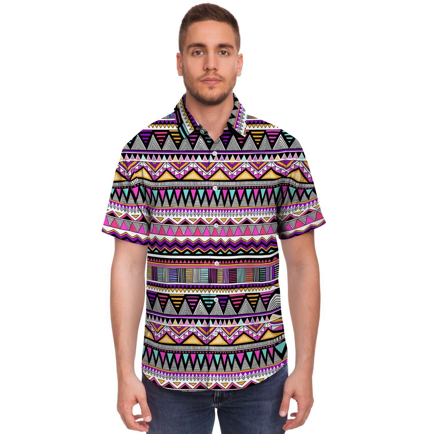 Native Aztec Men Print Short Sleeve Button-Up Shirts