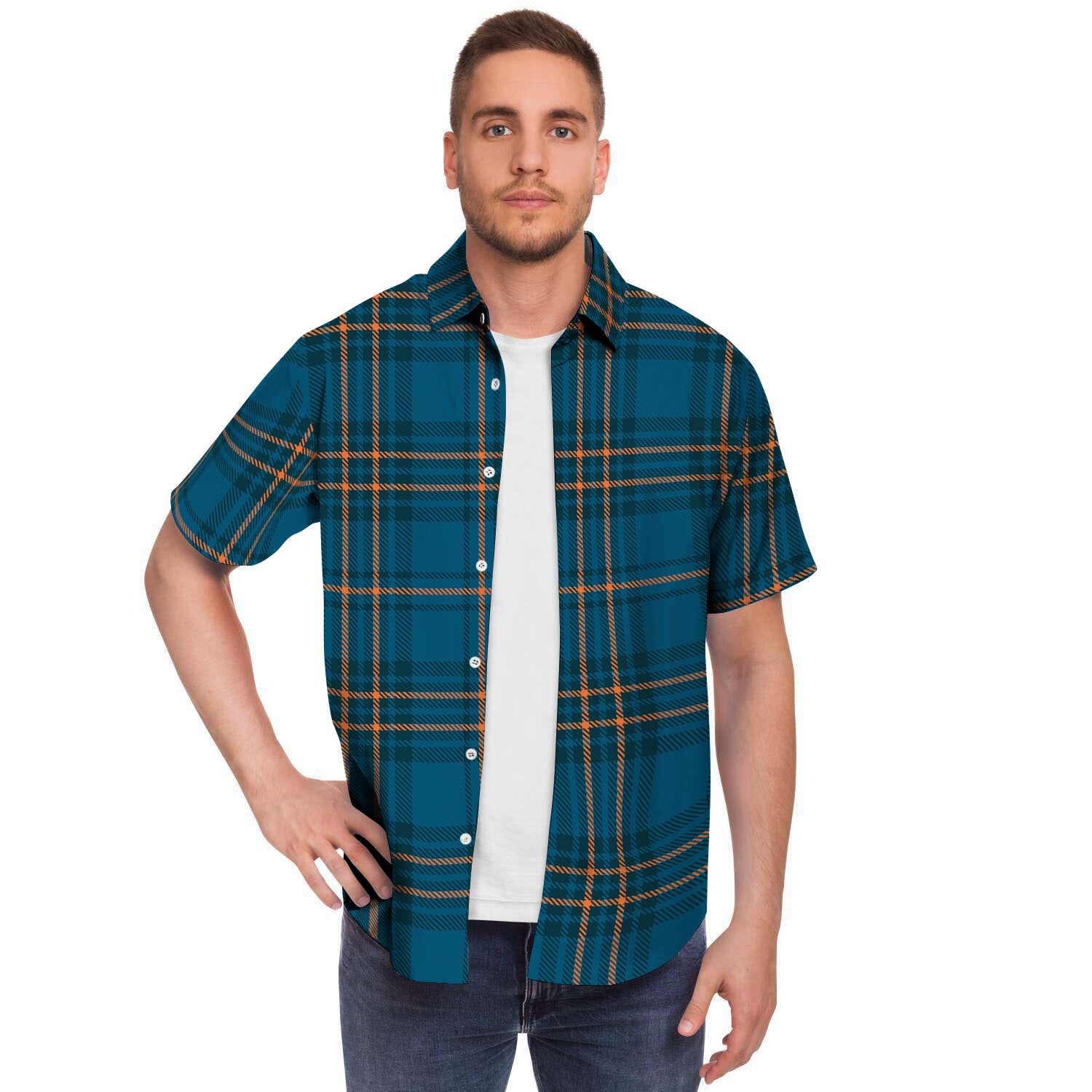 Navy Blue Plaid Tartan Men Print Short Sleeve Button-Up Shirts